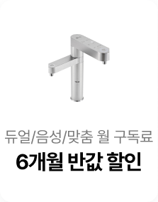 싱크대 부착형으로, 길쭉한 은색 메탈 소재의 세로 기둥 출수구 옆으로 조작부가 포함된 가로형 출수구가 십자 형태로 연결된 듀얼/음성/맞춤 정수기