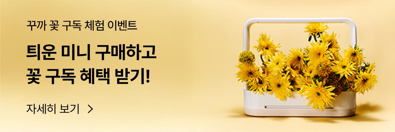 꾸까 꽃 구독 체험 이벤트 티운 미니 구매하고 꽃 구독 혜택 받기! 자세히 보기 버튼과 화사한 노란색 배경 우측에 노란 꽃이 가득 담긴 LG 틔운 미니 모습