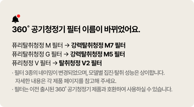 360˚ 공기청정기 필터 이름이 바뀌었어요.라는 문구와 퓨리탈취청정 M 필터에서 강력탈취청정 M7 필터로, 퓨리탈취청정 G 필터에서 강력탈취청정 M5 필터로, 퓨리청정 V 필터에서 탈취청정 V2 필터로 변경된 이름이 설명되고 있습니다. 필터 3종의 네이밍이 변경되었으며, 모델별 집진 탈취 성능은 상이합니다. 자세한 내용은 각 제품 페이지를 참고해 주세요.와 필터는 이전 출시된 360˚ 공기청정기 제품과 호환하여 사용하실 수 있습니다.라는 안내가 있습니다.