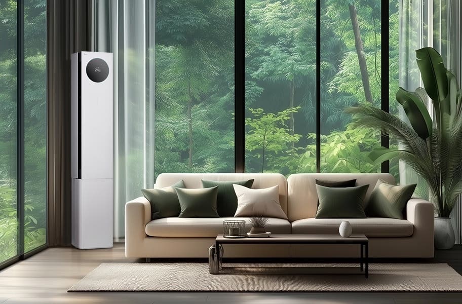 LG 휘센 AI 오브제컬렉션 뷰I 프로 에어컨이 거실의 왼쪽 구석에 세워져 있으며, 에어컨의 원형 디스플레이에는 24.5°C라는 숫자가 표시되어 있습니다. 에어컨 옆으로는 큰 창문이 있어 푸른 숲의 풍경이 보이며, 창문 앞에는 베이지색 소파가 놓여 있습니다. 소파 위에는 여러 개의 녹색과 흰색 쿠션이 배열되어 있고, 소파 앞에는 낮은 테이블이 놓여 있습니다. 테이블 위에는 장식품과 책이 놓여 있으며, 오른쪽에는 큰 화분에 심어진 녹색 식물이 배치되어 있습니다.