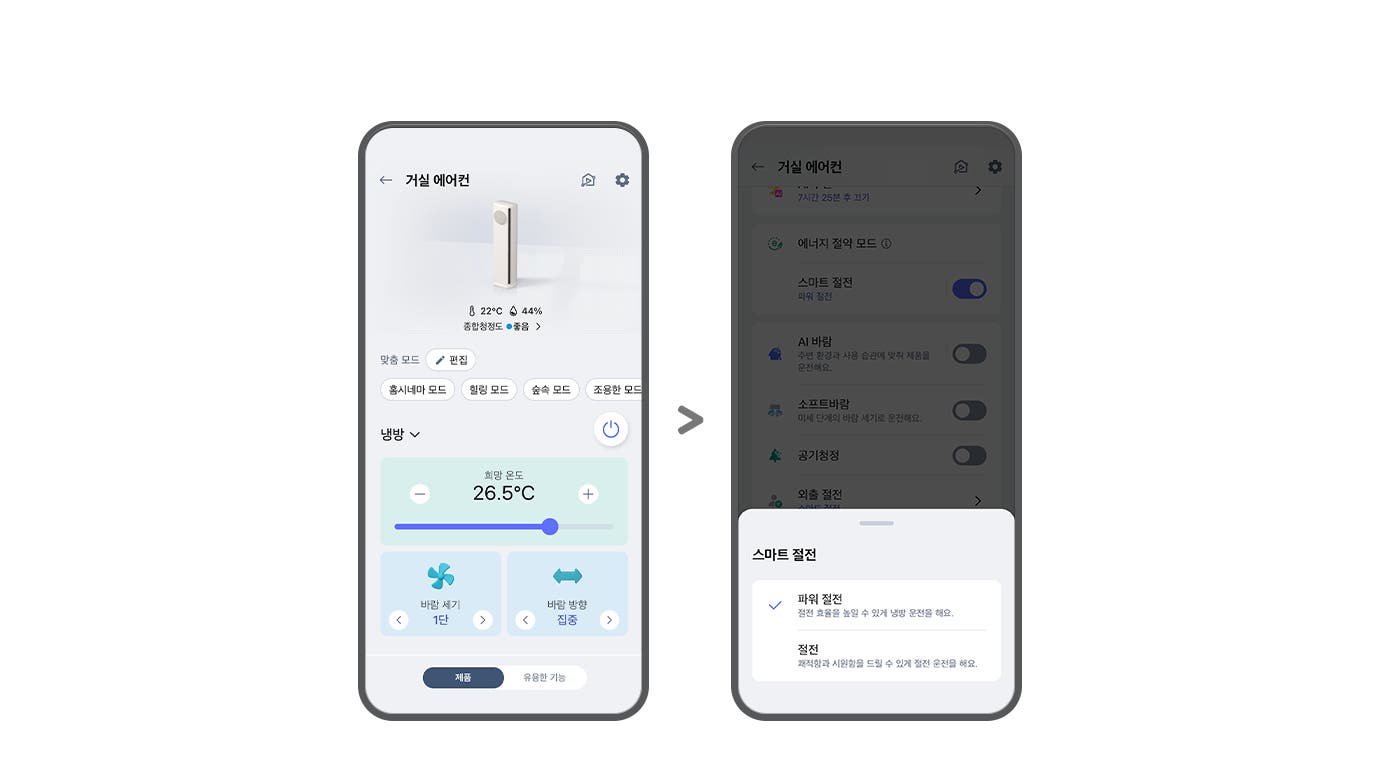 "왼쪽 ThinQ 앱 화면에는 거실 에어컨이라는 제목 아래 22°C와 44%의 종합청정도 좋음을 나타내는 아이콘이 있으며, 맞춤 모드와 편집 버튼이 보입니다. 홈시네마 모드, 힐링 모드, 숲속 모드, 조용한 모드 옵션이 있고, 냉방 섹션에서 희망 온도는 26.5°C로 설정되어 있습니다. 해당 영역 아래로는 바람 세기와 바람 방향을 설정할 수 있는 화면이 노출되고 있으며, 최하단에는 제품, 유용한 기능 버튼이 노출되고 있습니다.  오른쪽 화면에는 거실 에어컨이라는 제목 아래 에너지 절약 모드와 스마트 절전이 켜져 있으며, AI 바람, 소프트바람, 공기청정, 외출 절전 옵션이 나열되어 있습니다. 하단에는 스마트 절전 팝업이 열려 있고, 파워 절전이 선택되어 있으며, 하단에 절전 효율을 높일 수 있게 냉방 운전을 해요.라는 설명이 포함되어 있습니다. 그 아래 절전은 쾌적함과 시원함을 드릴 수 있게 절전 운전을 해요. 라는 설명이 포함되어 있습니다. 두 화면 모두 사용자 인터페이스를 통해 에어컨의 다양한 설정을 조절할 수 있는 기능을 보여주고 있습니다."