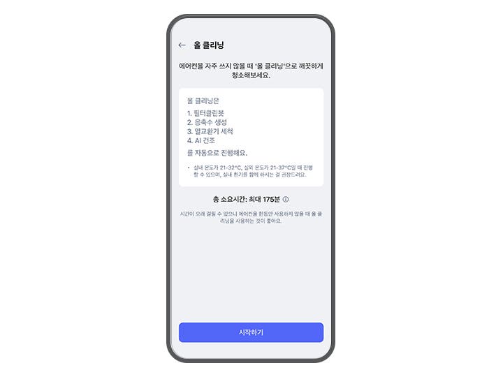 물 클리닝 기능에 대한 설명이 스마트폰 ThinQ 앱 화면에 표시되어 있습니다. 상단에는 물 클리닝이라는 제목이 있으며, 에어컨을 자주 쓰지 않을 때 올 클리닝으로 깨끗하게 청소해보세요.라는 안내 문구가 있습니다. 물 클리닝 과정은 1. 필터클린봇, 2. 응축수 생성, 3. 열교환기 세척, 4. AI 건조 순서로 자동 진행된다고 설명되어 있습니다. 또한, 실내 온도가 21~32℃, 실외 온도가 21~37℃일 때 진행할 수 있으며, 실내 환기를 함께 하시는 걸 권장드려요.라는 주의 사항이 포함되어 있습니다. 총 소요 시간은 최대 175분이라고 명시되어 있으며, 시간이 오래 걸릴 수 있으니 에어컨을 한동안 사용하지 않을 때 올 클리닝을 사용하는 것이 좋아요.라는 권장 문구가 포함되어 있습니다. 화면 하단에는 시작하기라는 파란색 버튼이 있습니다.