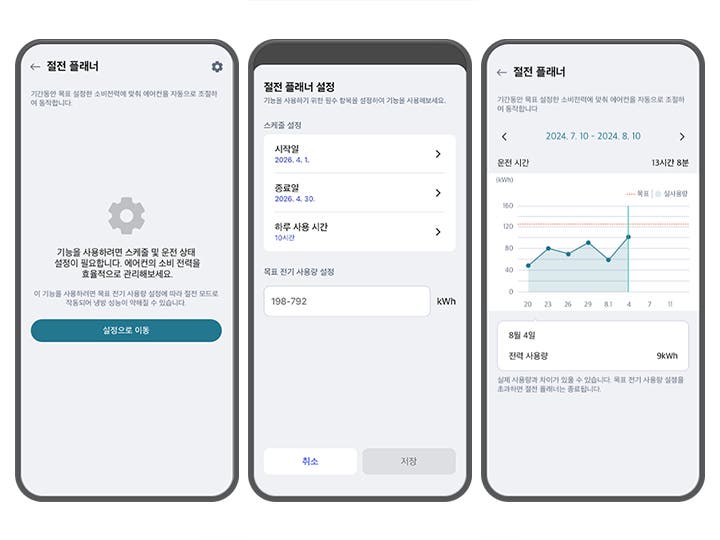 왼쪽 ThinQ 앱 화면에는 거실 에어컨이라는 제목 아래 23°C와 48%의 종합청정도 좋음을 나타내는 아이콘이 있으며, 맞춤 모드와 편집 버튼이 보입니다. 숲속 모드와 조용한 모드 옵션이 있고, 제습 섹션에는 하단에 7시간 21분 후 꺼짐이라고 안내되어 있으며, 오른쪽에 전원 아이콘이 노출되고 있습니다. 현재 제습량과 제습 운전 시간이 0L과 13분으로 표시됩니다. 희망 온도는 26.5°C로 설정되어 있으며, 희망 속도는 55%로 나타나 있습니다. 오른쪽 화면에는 거실 에어컨이라는 제목 아래 에너지 절약 모드와 스마트 절전이 켜져 있으며, AI 바람, 소프트바람, 공기청정, 외출 절전 옵션이 나열되어 있습니다. 하단에는 스마트 절전 팝업이 열려 있고, 파워 절전이 선택되어 있으며, 하단에 절전 효율을 높일 수 있게 냉방 운전을 해요.라는 설명이 포함되어 있습니다. 그 아래 절전은 쾌적함과 시원함을 드릴 수 있게 절전 운전을 해요. 라는 설명이 포함되어 있습니다. 두 화면 모두 사용자 인터페이스를 통해 에어컨의 다양한 설정을 조절할 수 있는 기능을 보여주고 있습니다.