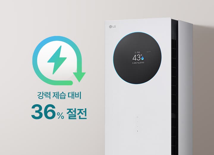 회색 배경에 스탠드 에어컨이 배치되어 있으며, 좌측에는 그라데이션이 들어간 녹색 계열의 번개와 아래로 향하는 동그란 아이콘이 결합된 절전 아이콘이 노출되고 있으며, 제품 위로는 강력 제습 대비 36% 절전이라는 문구가 노출되고 있습니다.