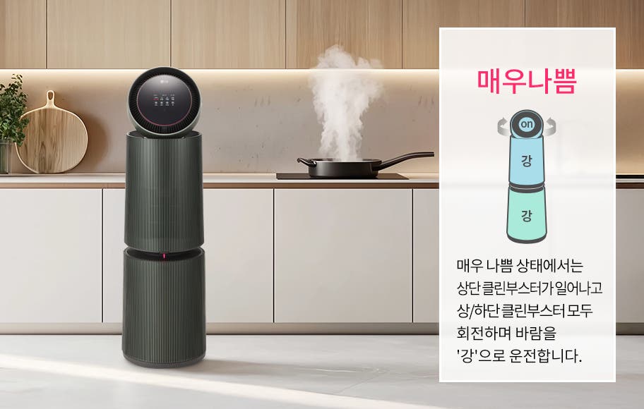 주방 공간에 공기청정기가 놓여 있으며, 인덕션 위에 연기가 나고 있는 팬이 보입니다. 박스 안에 매우 나쁨이라는 큰 글자와 함께 공기청정기의 작동 상태를 설명하는 그래픽과 텍스트가 있습니다. 매우 나쁨 상태에서는 상단 클린부스터가 일어나고 상/하단 클린부스터 모두 회전하며 바람을 '강'으로 운전합니다.라는 설명이 포함되어 있습니다.
