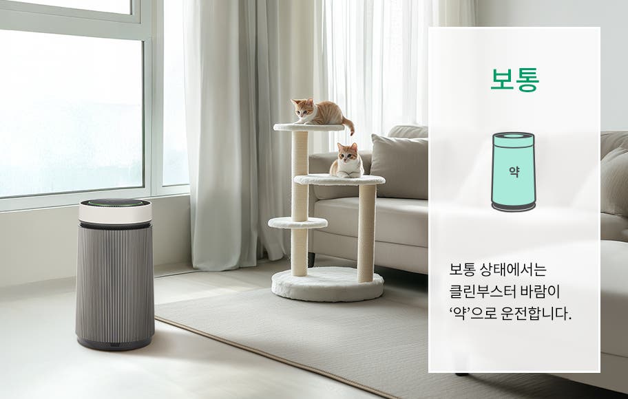 거실에 공기청정기가 놓여 있으며, 소파와 두 마리의 고양이가 캣타워에 앉아 있는 모습이 보입니다. 박스 안에 보통이라는 큰 글자와 함께 공기청정기의 작동 상태를 설명하는 그래픽과 텍스트가 있습니다. 보통 상태에서는 클린부스터 바람이 '약'으로 운전합니다.라는 설명이 포함되어 있습니다. 