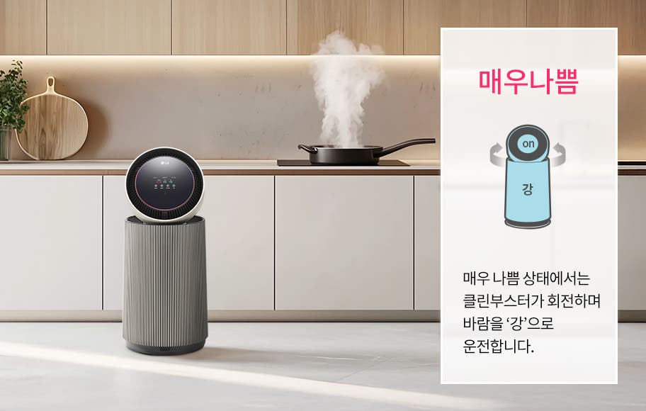 주방 공간에 공기청정기가 놓여 있으며, 인덕션 위에 연기가 나고 있는 팬이 보입니다. 박스 안에 매우 나쁨이라는 큰 글자와 함께 공기청정기의 작동 상태를 설명하는 그래픽과 텍스트가 있습니다. 매우 나쁨 상태에서는 클린부스터가 회전하며 바람을 '강'으로 운전합니다.라는 설명이 포함되어 있습니다.