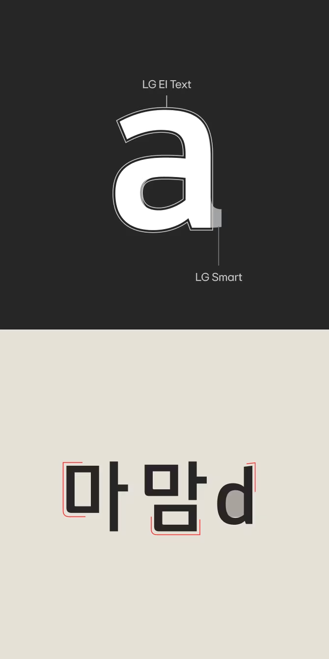 검은색 배경 위에 흰색의 소문자 a가 중앙에 배치되어 있으며, LG EI Text와 LG Smart라는 텍스트가 각각 위와 아래에 표시되어 있습니다. 오른쪽에는 베이지색 배경 위에 마맘d라는 텍스트가 검은색으로 적혀 있고, 각 글자마다 빨간색 선으로 강조 표시가 되어 있습니다.