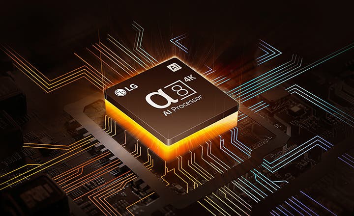 LG 로고와 함께 α7 4K AI Processor Gen6라는 텍스트가 있는 칩이 복잡한 전자 회로 배경 위에 놓여 있습니다. AI라는 아이콘도 함께 표시되어 있습니다. 배경은 다양한 선과 패턴으로 구성되어 있으며, 빛나는 선들이 교차하고 있습니다.
