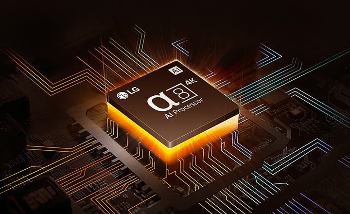 LG 로고와 함께 α7 4K AI Processor Gen6라는 텍스트가 있는 칩이 복잡한 전자 회로 배경 위에 놓여 있습니다. AI라는 아이콘도 함께 표시되어 있습니다. 배경은 다양한 선과 패턴으로 구성되어 있으며, 빛나는 선들이 교차하고 있습니다.