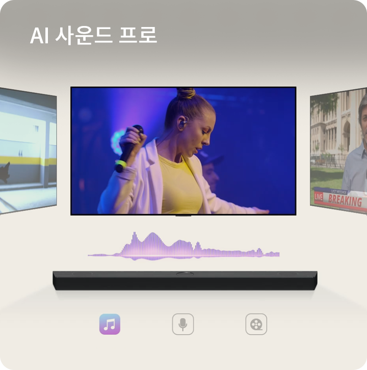 AI 사운드 프로라는 문구가 있으며, 중앙 화면에는 마이크를 들고 공연 중인 여성의 모습이 보입니다. 화면 아래에는 소리 파형이 시각화되어 있고, 그 아래에는 음악, 마이크, 영화 아이콘이 나열되어 있습니다. 양쪽에는 각각 다른 영상이 재생 중인 화면이 보입니다.