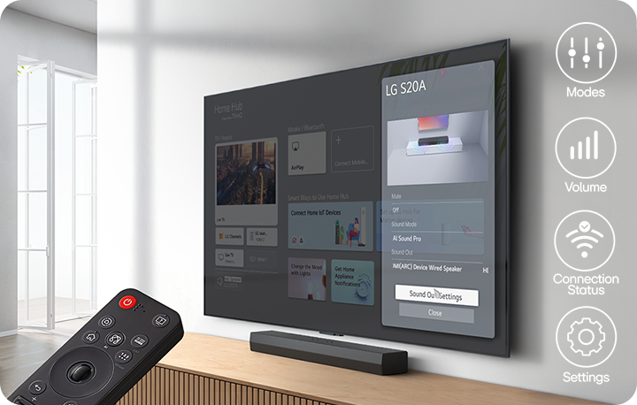 거실에 벽걸이 TV가 설치되어 있으며, 화면에는 "Home Hub" 인터페이스가 표시되고 있습니다. 화면에는 "TV Inputs", "Mobile / Bluetooth", "Smart Ways to Use Home Hub" 등의 메뉴가 보입니다. "LG S20A"라는 텍스트와 함께 음향 설정 메뉴가 열려 있으며, "Mute", "AI Sound Pro", "Sound Out", "Sound Out Settings" 등의 옵션이 있습니다. TV 옆에는 모드, 볼륨, 연결 상태, 설정을 나타내는 아이콘들이 세로로 배열되어 있습니다. TV 앞에는 리모컨이 놓여 있으며, 리모컨에는 다양한 버튼이 있습니다. 창문을 통해 자연광이 들어오고 있습니다.