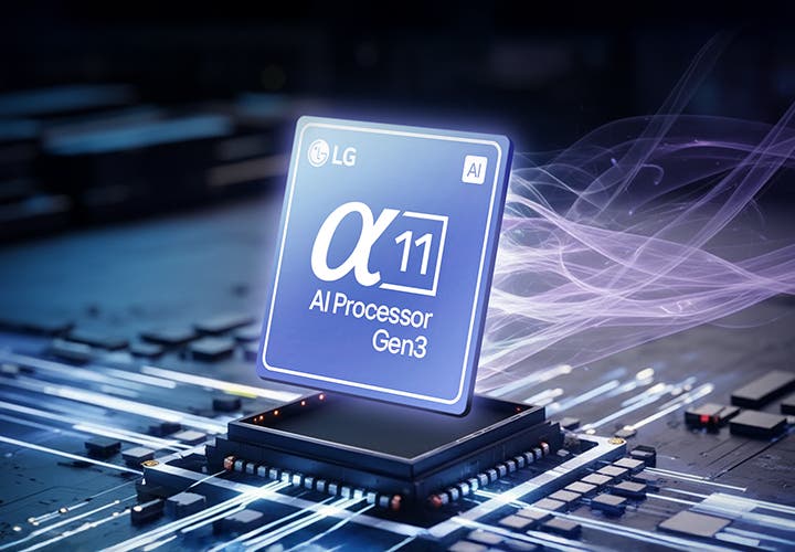 회로 기판 중앙에서 푸른 빛을 내며 장착된 'alpha 11 AI Processor' 칩셋의 기술 강조 이미지.