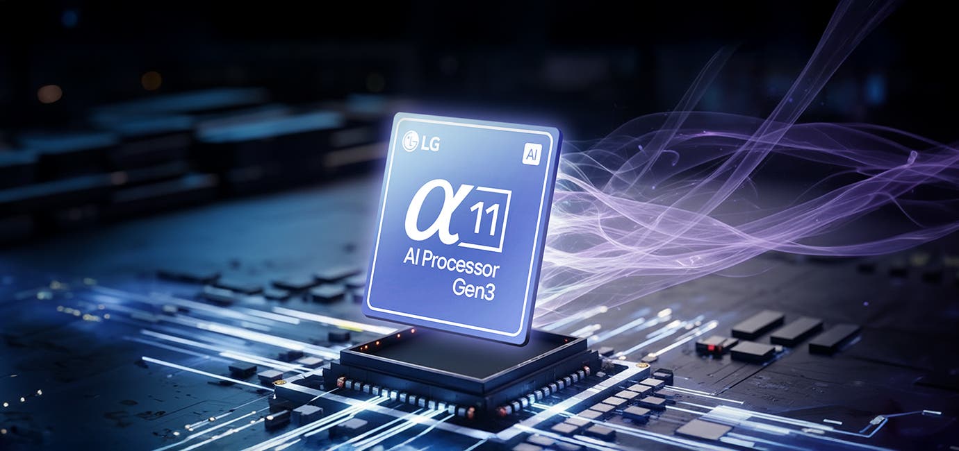회로 기판 중앙에서 푸른 빛을 내며 장착된 'alpha 11 AI Processor' 칩셋의 기술 강조 이미지.