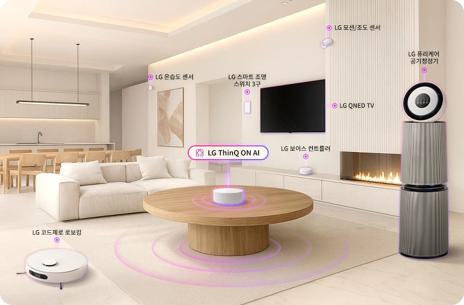 LG ThinQ ON AI를 중심으로 LG QNED TV, LG 보이스 컨트롤러, LG 스마트 스위치 3구, LG 모션/조도 센서, LG 온습도 센서, LG 퓨리케어 공기청정기, LG 코드제로 로보킹 등 다양한 스마트 기기들이 연결되어 있는 현대적인 거실의 모습을 보여줍니다.