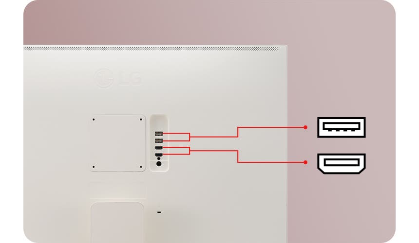 모니터 뒷면에 여러 개의 포트가 있으며, USB 포트와 HDMI 포트가 포함되어 있습니다. 포트는 빨간색 선으로 강조되어 있습니다. LG 로고가 보입니다.