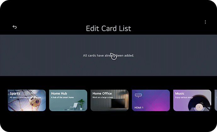 카드 목록 편집 화면이 나타나며, All cards have already been added.라는 문구가 표시되어 있습니다. 하단에는 여러 카드가 나열되어 있으며, 각각 Sports, Home Hub, Home Office, HDMI 1, Music이라는 제목과 관련된 이미지가 포함되어 있습니다.