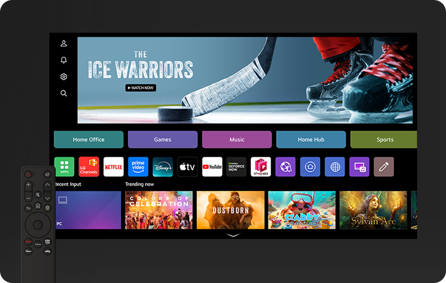 TV 화면에는 THE ICE WARRIORS라는 텍스트와 함께 아이스하키 스틱과 스케이트가 보입니다. 화면 아래에는 Home Office, Games, Music, Home Hub, Sports 등의 메뉴가 있습니다. 여러 앱 아이콘이 나열되어 있으며, CH, Netflix, Prime Video, Disney+, YouTube 등이 포함되어 있습니다. 하단에는 Recent Input과 Trending now 섹션이 있으며, 다양한 콘텐츠의 이미지가 표시되어 있습니다. 화면 왼쪽에는 리모컨이 보입니다.