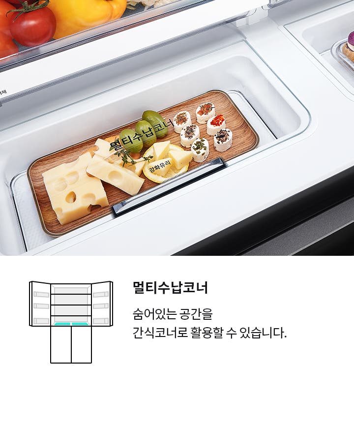 멀티수납코너라는 제목 아래 숨어있는 공간을 간식코너로 활용할 수 있습니다.라는 문구가 있습니다. 냉장고 내부에 나무 쟁반 위에 치즈와 과일, 롤 형태의 음식이 놓여 있습니다. 멀티수납코너와 강화유리라는 텍스트가 보입니다. 배경에는 다양한 채소가 보입니다.