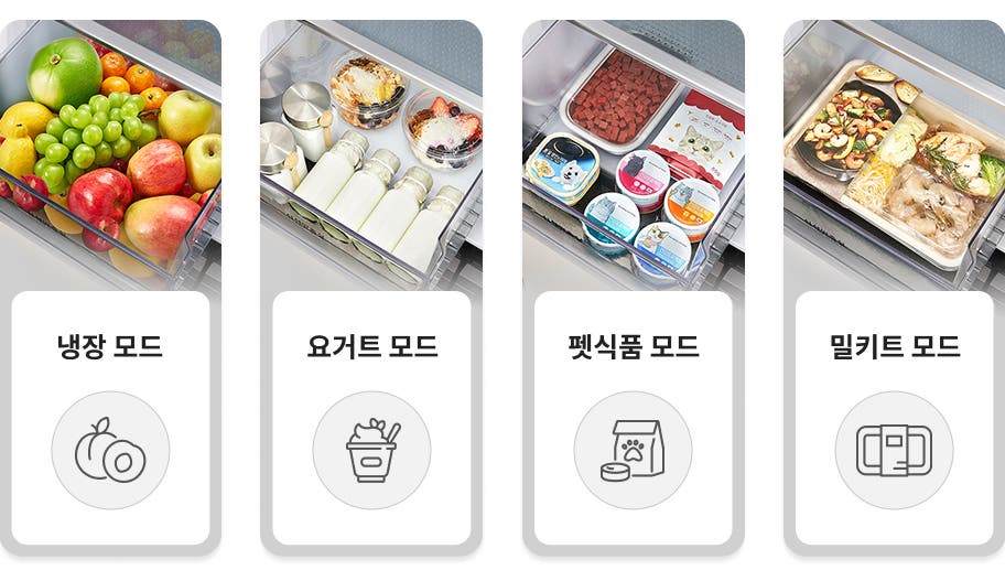 상냉장/하냉동 냉장고의 다양한 모드가 네 가지로 나뉘어 보여집니다. 첫 번째는 냉장 모드로, 다양한 과일들이 투명한 서랍에 담겨 있습니다. 두 번째는 요거트 모드로, 유리병에 담긴 우유와 요거트가 보입니다. 세 번째는 펫식품 모드로, 반려동물용 음식들이 정리되어 있습니다. 마지막으로 밀키트 모드는 다양한 식재료가 깔끔하게 정리되어 있는 모습입니다.