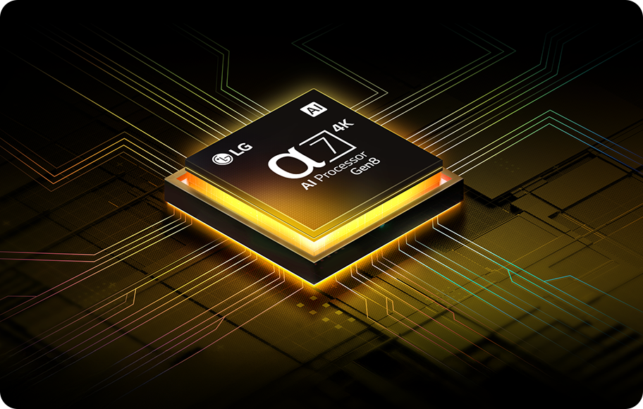 이미지에는 반도체 칩이 중앙에 위치해 있으며, 칩 표면에는 LG, AI, α7 4K, AI Processor Gen8이라는 텍스트가 있습니다. 칩 주변으로는 다양한 색상의 회로 패턴이 퍼져 있으며, 배경은 어두운 색조로 처리되어 있습니다. 칩은 빛을 발산하는 듯한 효과가 있습니다.