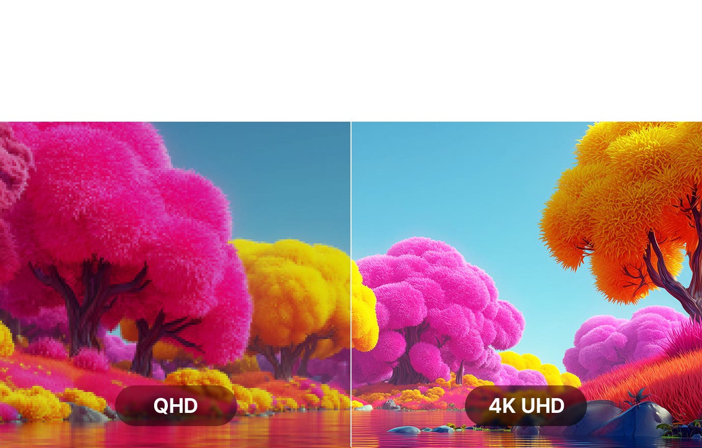 화면 해상도에 대한 비교 이미지입니다. QHD 영역은 풍경이 픽셀화되어 흐릿하게 보이고, 4K UHD 영역은 같은 풍경이 더 선명하고 디테일하게 표현되어 해상도 차이를 보여줍니다.