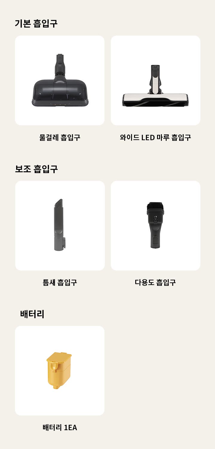 기본 흡입구로 물걸레 흡입구와 와이드 LED 마루 흡입구가 있으며, 보조 흡입구로 틈새 흡입구와 다용도 흡입구가 있습니다. 배터리도 포함되어 있습니다.