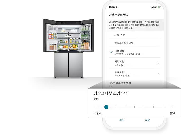 냉장고의 문이 열려 있으며 내부에는 다양한 음료수와 과일이 진열되어 있습니다. 오른쪽에는 스마트폰 화면이 보이며, 야간 눈부심 방지라는 제목 아래에 냉장고 내부 조명 밝기를 선택해보세요. 원하는 시간의 조명 밝기를 바꿀 수 있어요. 내부 조명을 제일 밝게(100%) 사용하려면 기능을 사용 안 함으로 설정해주세요.라는 설명이 있습니다. 이어서 냉장고 내부 조명 밝기를 설정할 수 있는 옵션이 나열되어 있습니다. 사용 안 함, 일몰에서 일출까지, 시간 설정이라는 항목이 있으며 시간 설정이 선택되어 있는데 시작 시간은 오후 9:00, 종료 시간은 오전 6:00(다음 날)로 설정되어 있습니다. 하단에는 냉장고 내부 조명 밝기라는 항목이 있으며, 밝기 조절 바가 어둡게와 밝게 사이에 위치해 있고, 현재 10%로 설정되어 있습니다. 취소와 저장 버튼이 화면 하단에 있습니다.