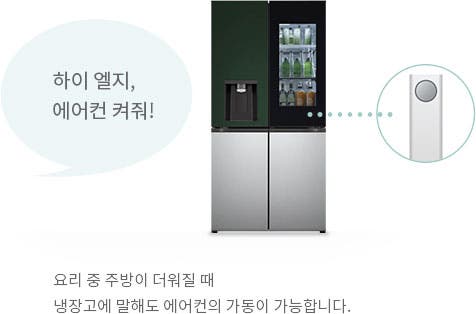 냉장고 이미지와 함께 하이 엘지, 에어컨 켜줘!라는 말풍선이 있습니다. 냉장고는 두 개의 문으로 구성되어 있으며, 오른쪽 문 상단에는 투명한 패널로 내부가 보입니다. 오른쪽에는 에어컨 이미지가 보이며, 하단에는 요리 중 주방이 더워질 때 냉장고에 말해도 에어컨의 가동이 가능합니다.라는 설명이 있습니다.