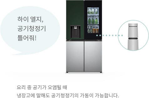 냉장고 이미지와 함께 하이 엘지, 공기청정기 틀어줘!라는 말풍선이 있습니다. 냉장고는 두 개의 문으로 구성되어 있으며, 오른쪽 문 상단에는 투명한 패널로 내부가 보입니다. 냉장고의 오른쪽에는 공기청정기 이미지가 보이며, 하단에는 요리 중 공기가 오염될 때 냉장고에 말해도 공기청정기의 가동이 가능합니다.라는 설명이 있습니다.