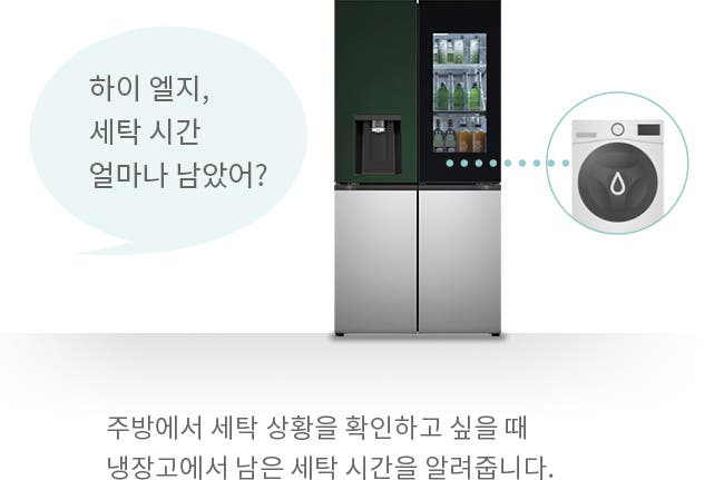 냉장고 이미지와 함께 하이 엘지, 세탁 시간 얼마나 남았어?라는 말풍선이 있습니다. 냉장고는 두 개의 문으로 구성되어 있으며, 오른쪽 문 상단에는 투명한 패널로 내부가 보입니다. 냉장고의 오른쪽에는 세탁기 이미지가 보이며, 하단에는 주방에서 세탁 상황을 확인하고 싶을 때 냉장고에서 남은 세탁 시간을 알려줍니다.라는 설명이 있습니다.
