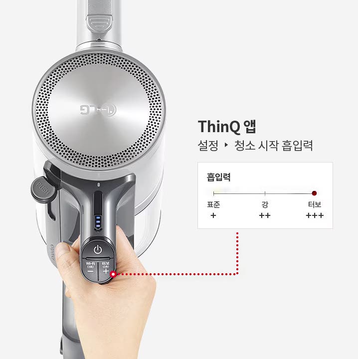 진회색과 은색의 조합으로 디자인된 무선 청소기의 손잡이 부분이 보입니다. 손잡이에는 Wi-Fi버튼과 터보 버튼이 있으며, 한 손으로 청소기를 들고 있습니다.오른쪽에는 ThinQ 앱이라는 제목 아래에 설정, 청소 시작 흡입력이라는 텍스트가 있으며, 흡입력 단계가 표준, 강, 터보로 나뉘어 있고, 현재 터보에 표시가 되어 있습니다.