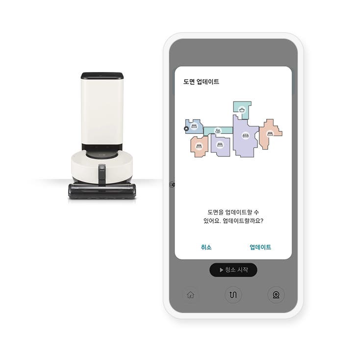 로봇청소기와 스마트폰 화면이 나란히 배치되어 있습니다. 스마트폰 화면에는 도면 업데이트라는 제목과 함께 집의 평면도가 색깔별로 구분되어 표시되어 있습니다. 하단에는 도면을 업데이트할 수 있어요. 업데이트할까요?라는 문구가 있으며, 그 아래에 취소와 업데이트 버튼이 있습니다. 화면 하단에는 청소 시작 버튼이 보입니다.