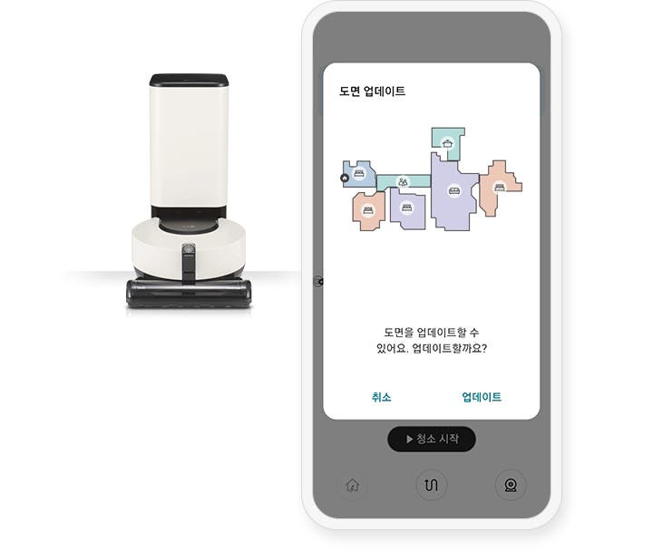 로봇청소기와 스마트폰 화면이 나란히 배치되어 있습니다. 스마트폰 화면에는 도면 업데이트라는 제목과 함께 집의 평면도가 색깔별로 구분되어 표시되어 있습니다. 하단에는 도면을 업데이트할 수 있어요. 업데이트할까요?라는 문구가 있으며, 그 아래에 취소와 업데이트 버튼이 있습니다. 화면 하단에는 청소 시작 버튼이 보입니다.