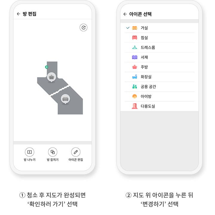 2개의 스마트폰 화면이 있습니다. 1. 청소 후 지도가 완성되면 확인하러 가기 선택. 화면에는 방 편집이라는 제목 아래 회색 배경의 지도 모양이 있으며, 지도 위에는 냄비 아이콘과 소파 아이콘이 각각 표시되어 있습니다. 하단에는 방 나누기, 방 합치기, 아이콘 편집이라는 세 개의 버튼이 있습니다.  2. 지도 위 아이콘을 누른 뒤 변경하기 선택. 화면에는 아이콘 선택이라는 제목 아래 다양한 방의 이름과 아이콘이 나열되어 있습니다. 목록에는 거실, 침실, 드레스룸, 서재, 주방, 화장실, 공용 공간, 아이방, 다용도실이 포함되어 있습니다.