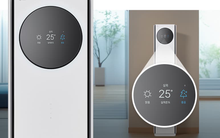 스마트폰 화면에 LG 에어컨 제어 앱이 실행된 모습으로, 왼쪽 화면에서는 희망 온도 25.0도 설정, 바람 세기 및 방향 조절, 예약, 열대야/취침 기능, 에너지 절약 모드 등의 조작 옵션이 보입니다. 오른쪽 화면에서는 ‘스마트 절전’ 기능이 확대되어 표시되며, ‘파워 절전’과 일반 ‘절전’ 중 선택할 수 있는 메뉴가 나타나 절전 운전 방식 설정이 가능함을 보여줍니다.