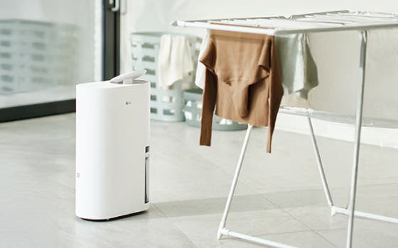 밝은 회색 타일 바닥에 놓인 흰색 LG 제습기, 뒤쪽에는 흰색 옷걸이에 갈색 스웨터와 젖은 옷들이 걸려 있고, 흐릿한 배경에는 플라스틱 세탁 바구니가 보입니다.