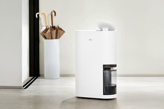 흰색의 LG 제습기가 회색 바닥에 놓여 있으며 뒤에는 흰색 우산꽂이에 갈색과 베이지색 우산이 여러 개 꽂혀 있습니다.