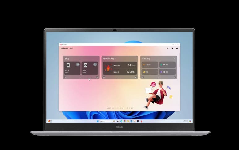 LG 노트북 화면에 My ThinQ 가전 제어 대시보드가 표시된 화면