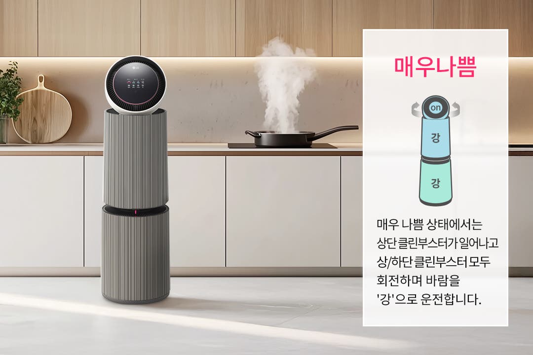 주방 공간에 공기청정기가 놓여 있으며, 인덕션 위에 연기가 나고 있는 팬이 보입니다. 박스 안에 매우 나쁨이라는 큰 글자와 함께 공기청정기의 작동 상태를 설명하는 그래픽과 텍스트가 있습니다. 매우 나쁨 상태에서는 상단 클린부스터가 일어나고 상/하단 클린부스터 모두 회전하며 바람을 '강'으로 운전합니다.라는 설명이 포함되어 있습니다.