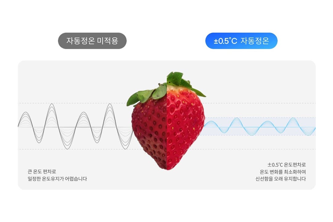 자동정온 기능의 유무에 따라 변하는 딸기의 모습을 보여줍니다. 자동정온 기능이 있는 쪽의 딸기는 신선한 모습을, 자동정온 기능이 없는 쪽의 딸기는 시들어있는 모습으로 보여집니다.