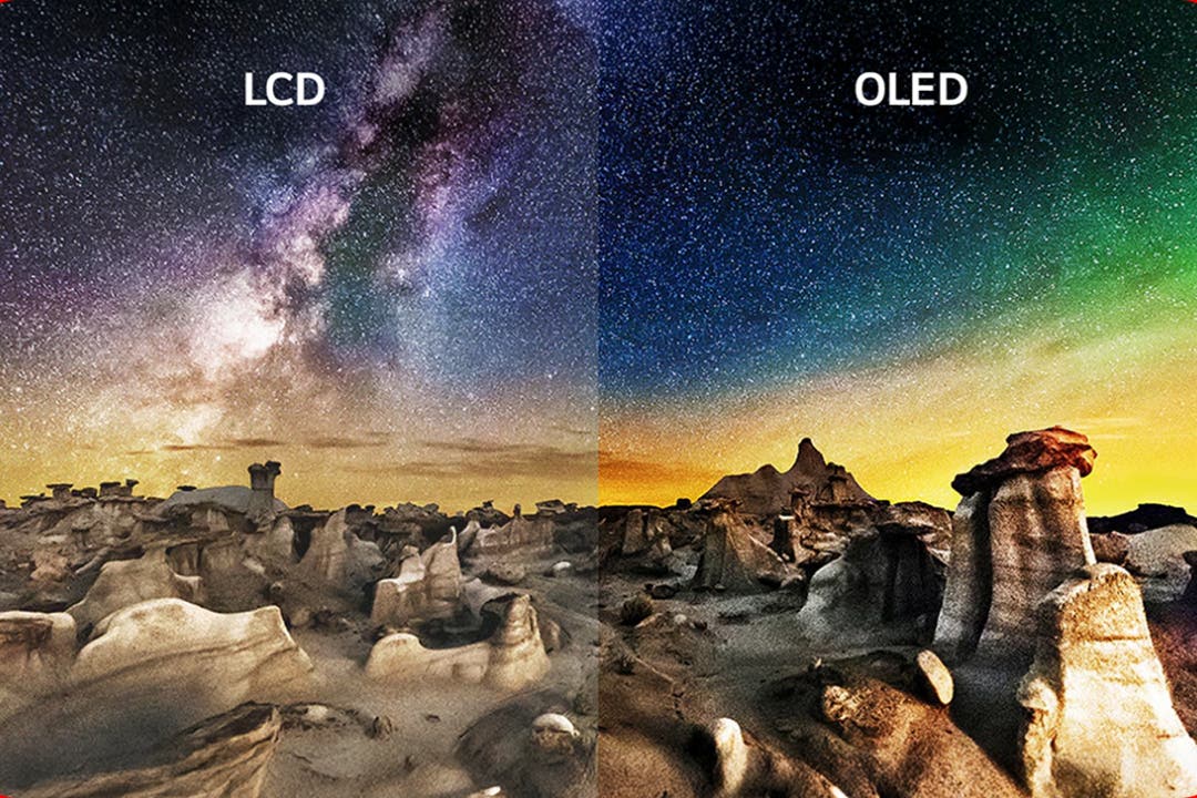 LG OLED M5 TV화면에서 밝고 화려한 색상의 추상적인 동굴 입구 이미지를 보여줍니다. 동굴 입구 너머로는 밝은 구름 낀 하늘이 보입니다. 화면 주변은 흐릿하고 어두운 배경으로 처리되어 화면에 표시된 이미지의 생생한 색상과 세부 묘사를 강조합니다.