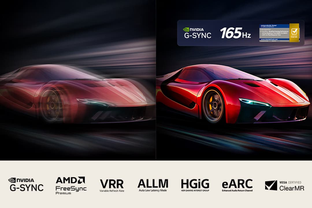 레이싱 게임 화면과 G-Sync, FreeSync, VRR 등 게이밍 기능 로고가 표시된 화면