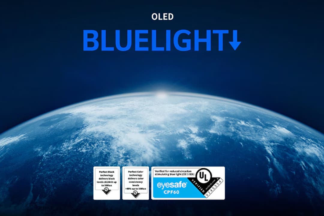 OLED 블루라이트 저감과 아이세이프 인증을 안내하는 그래픽 이미지
