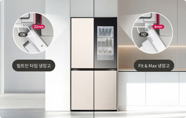 기존 빌트인 타입 냉장고와 LG 오브제컬렉션 Fit & Max 냉장고 설치 공간 비교 이미지입니다. (빌트인 타입 냉장고 - 22mm, 108°, Fit & Max 냉장고 - 4mm, 110°)