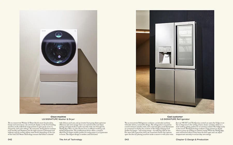 "The Art of Technology" 책의 한 페이지로, 좌측에는 LG SIGNATURE 세탁기 & 건조기, 우측에는 LG SIGNATURE 냉장고가 배치된 모습. 세탁기는 원형 도어가 있는 화이트 디자인으로, 하단에 추가적인 수납 공간이 있다. 냉장고는 4도어 구조로 우측 상단에 투명 디스플레이가 포함된 미니멀한 디자인이다. 각 제품 아래에는 기능과 특징을 설명하는 영문 텍스트가 포함되어 있다.