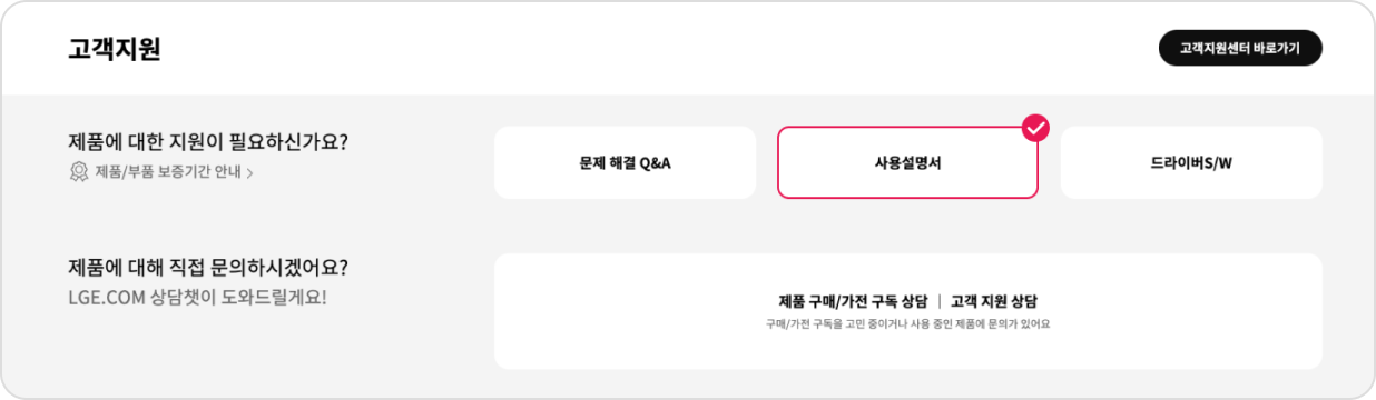 LG전자 고객지원 페이지 화면으로, ‘문제 해결 Q&A’, ‘사용설명서’, ‘드라이버S/W’ 메뉴가 표시되어 있다. 상단에는 ‘제품에 대한 지원이 필요하신가요?’ 문구가, 하단에는 ‘제품 구매/가전 구독 상담, 고객 지원 상담’ 안내 문구가 보인다.