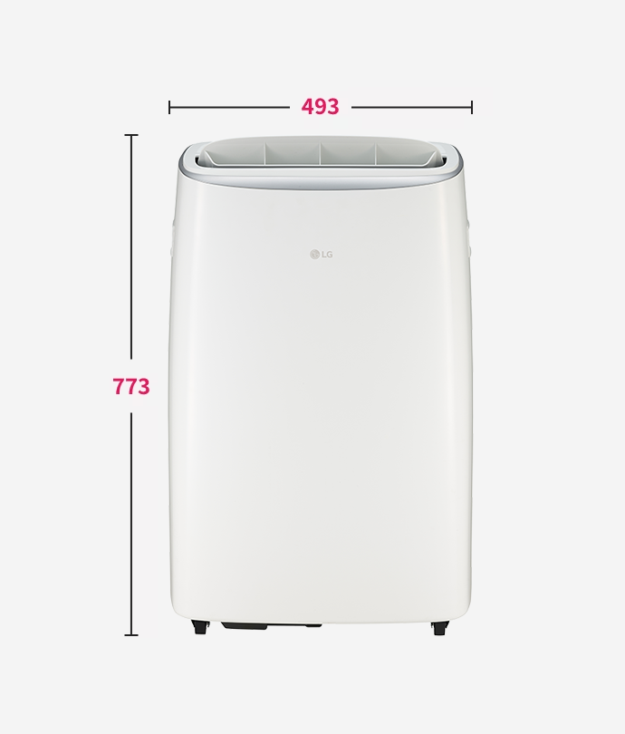 이동식 에어컨의 전면 크기를 표시한 이미지 높이: 773mm 가로 폭: 493mm