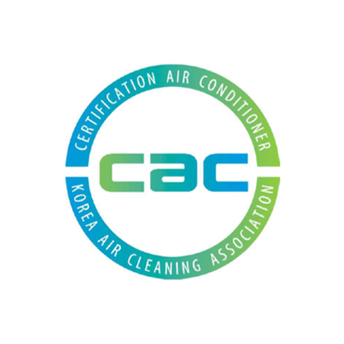 CAC 인증 마크. 원형 디자인 안에 cac 로고가 중앙에 있으며, 바깥쪽 테두리에 CERTIFICATION AIR CONDITIONER와 KOREA AIR CLEANING ASSOCIATION 텍스트가 표시됨.