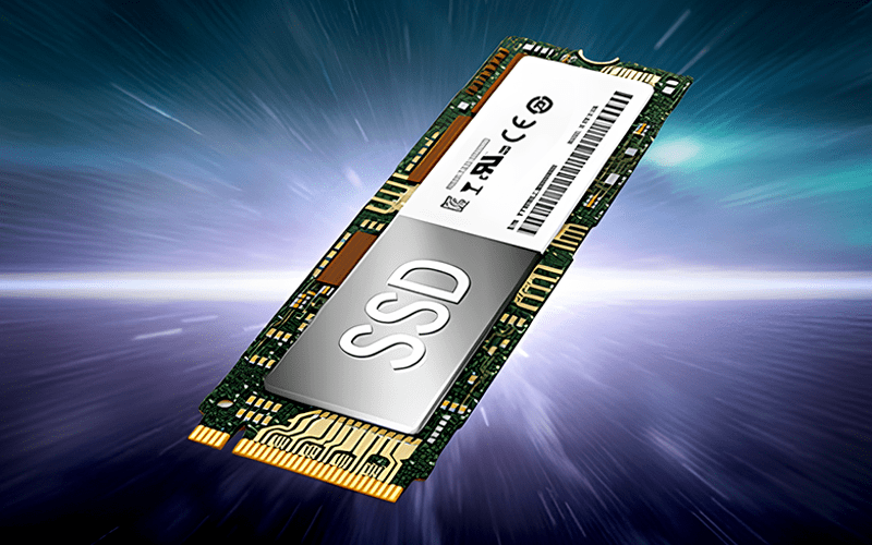 빠른 속도로 이동하는 듯한 효과와 함께 M.2 SSD가 강조됨. SSD 표면에는 SSD 텍스트가 새겨져 있으며, 배경에는 푸른빛의 속도감을 연출하는 광선이 퍼져 있음.